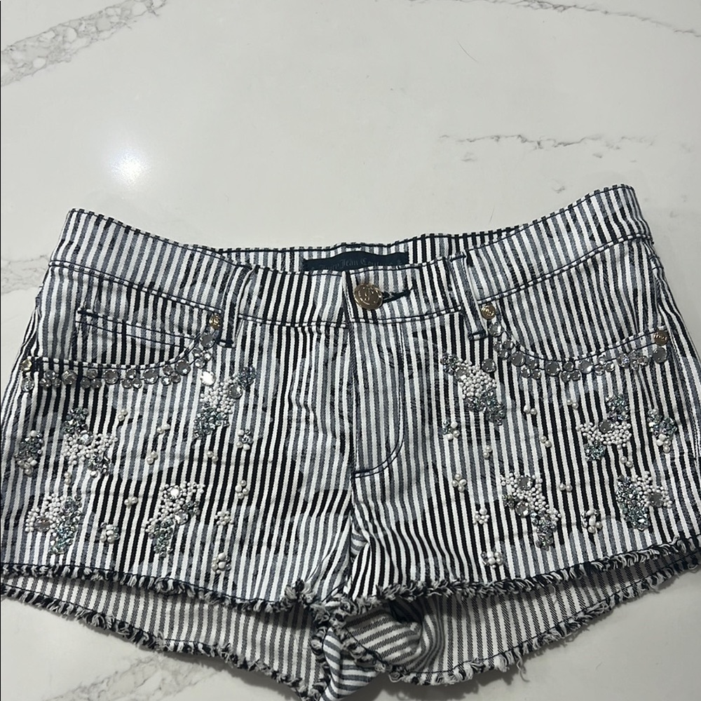 Juicy Couture Black and White Striped Embellished Jean Shorts